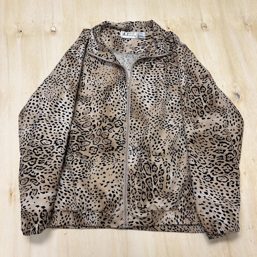 Vintage K.T. Sport Jacket Womens Large Beige Leopard Satin Windbreaker Full Zip